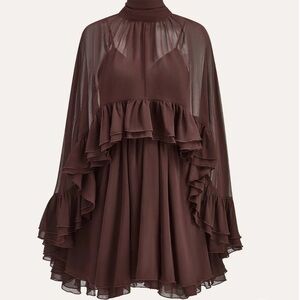 Elegant Brown Chiffon Ruffle Cape Dress
